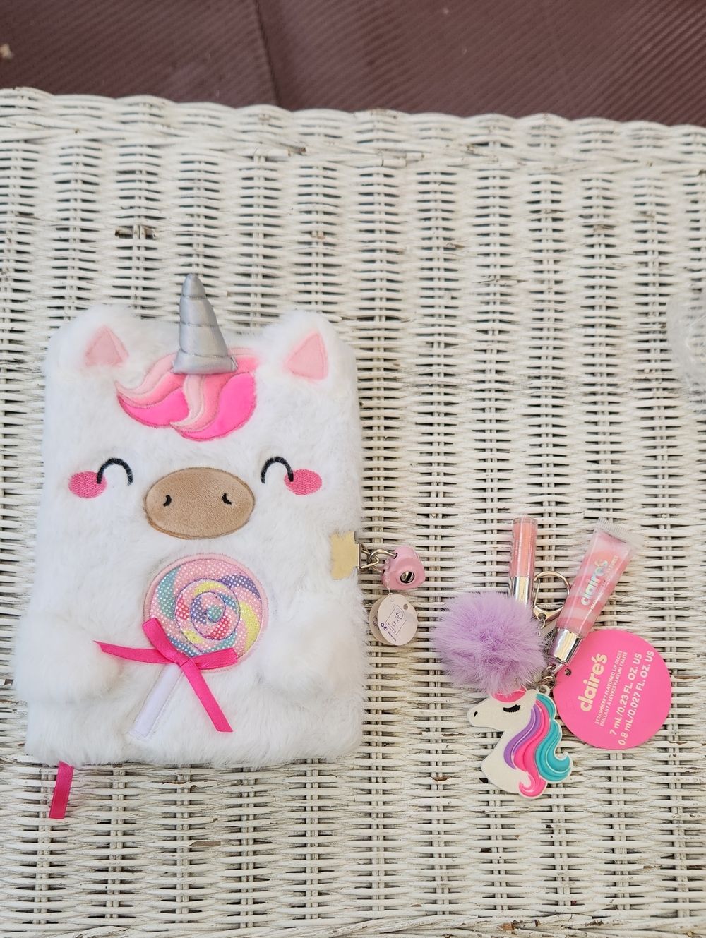 NWT Claire's White & Pink Unicorn Plush Notebook with Keychain Trio